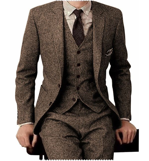 3 Pieces Suit - Men's Casual 3 Pieces Mens Suit Classic Tweed Notch Lapel Tuxedos (Blazer+vest+Pants)