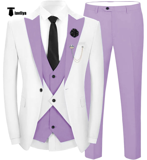 Fashion Men’s Suits Slim Fit 3 Pieces Peak Lapel Tuxedos (White Blazer + Vest + Pant) Xs /