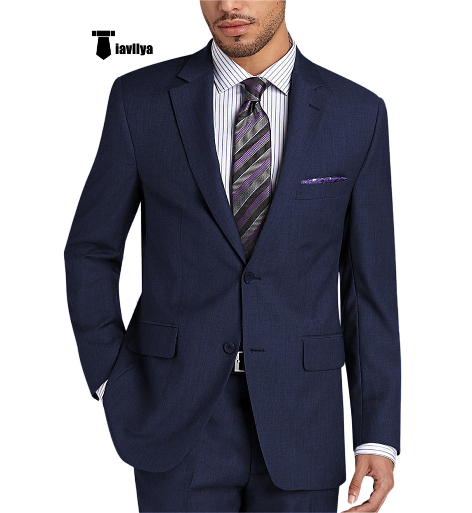 Formal 2 Pieces Mens Suit Flat Notch Lapel Tuxedos For Wedding (Blazer + Pants) Xs / Navy Pieces