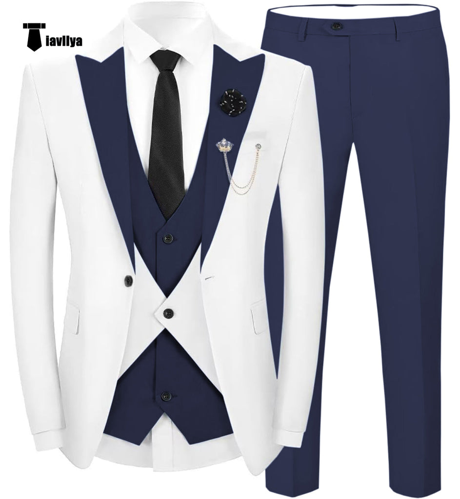 Fashion Men’s Suits Slim Fit 3 Pieces Peak Lapel Tuxedos (White Blazer + Vest + Pant) Xs / Navy