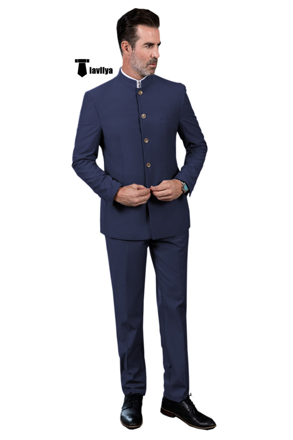 Classic 2 Piece Men’s Slim Fit Solid Color Stand Collar Wedding Suit (Blazer + Pants） Xs / Navy