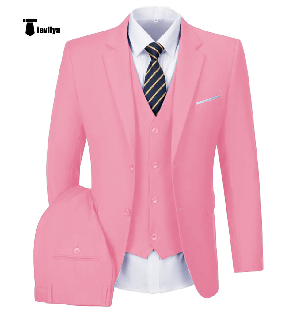 Casual Men’s 3 Pieces Mens Suit Notch Lapel Flat Tuxedos (Blazer + Vest + Pants) Xs / Pink Pieces