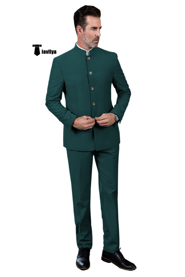 Fashion 2 Piece Men’s Slim Fit Solid Color Stand Collar Suit (Blazer + Pants） Xs / Teal Pieces Suit