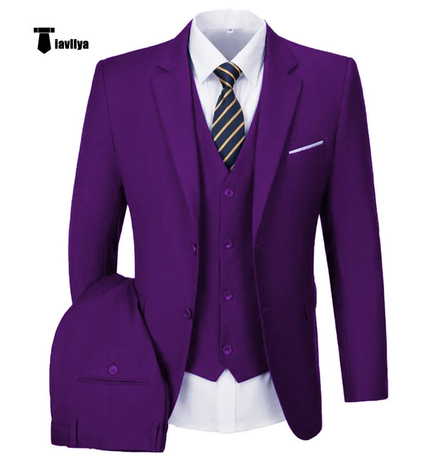 Casual Men’s 3 Pieces Mens Suit Notch Lapel Flat Tuxedos (Blazer + Vest + Pants) Xs / Purple