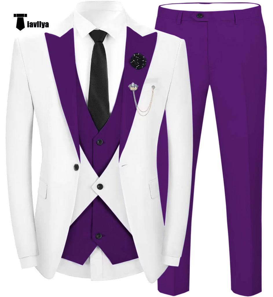 Fashion Men’s Suits Slim Fit 3 Pieces Peak Lapel Tuxedos (White Blazer + Vest + Pant) Xs / Purple