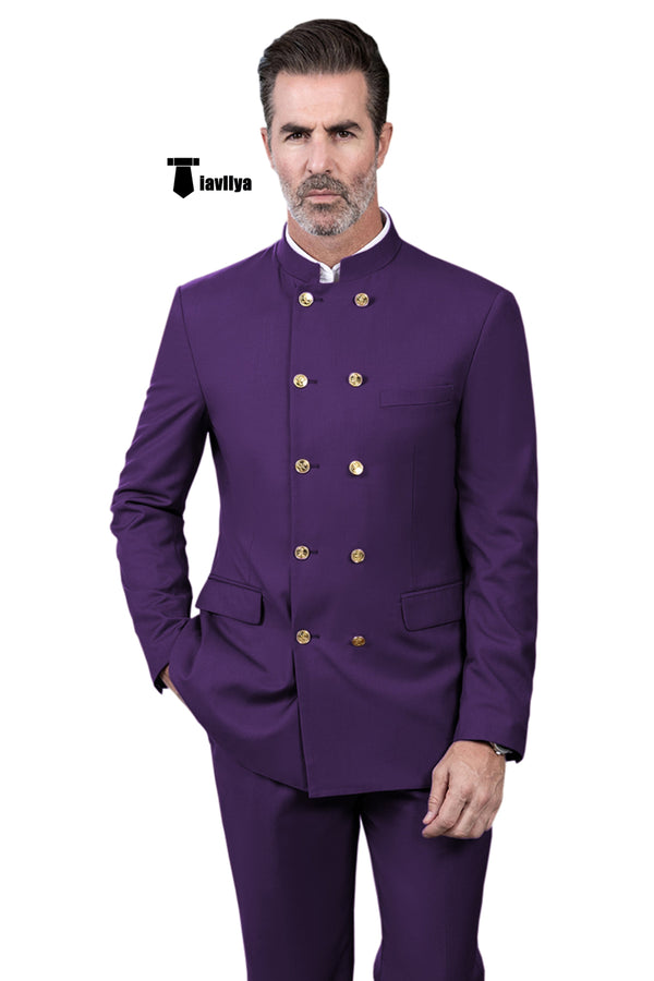 Classic 2 Piece Men’s Slim Fit Stand Collar Suit (Blazer + Pants） Xs / Purple Pieces Suit