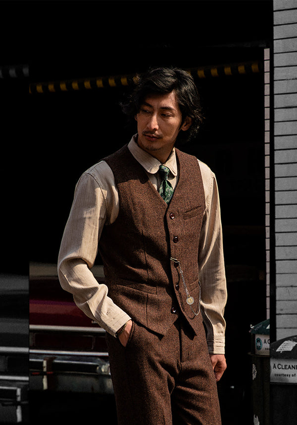 Suit Vest - Vintage Classical Mens Regular Fit Tweed Herringbone V Neck Waistcoat