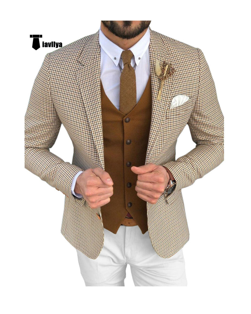 Fashion Men’s 3 Pieces Houndstooth Notch Lapel Tuxedos (Blazer + Vest + Pants) Xs / Brown Pieces