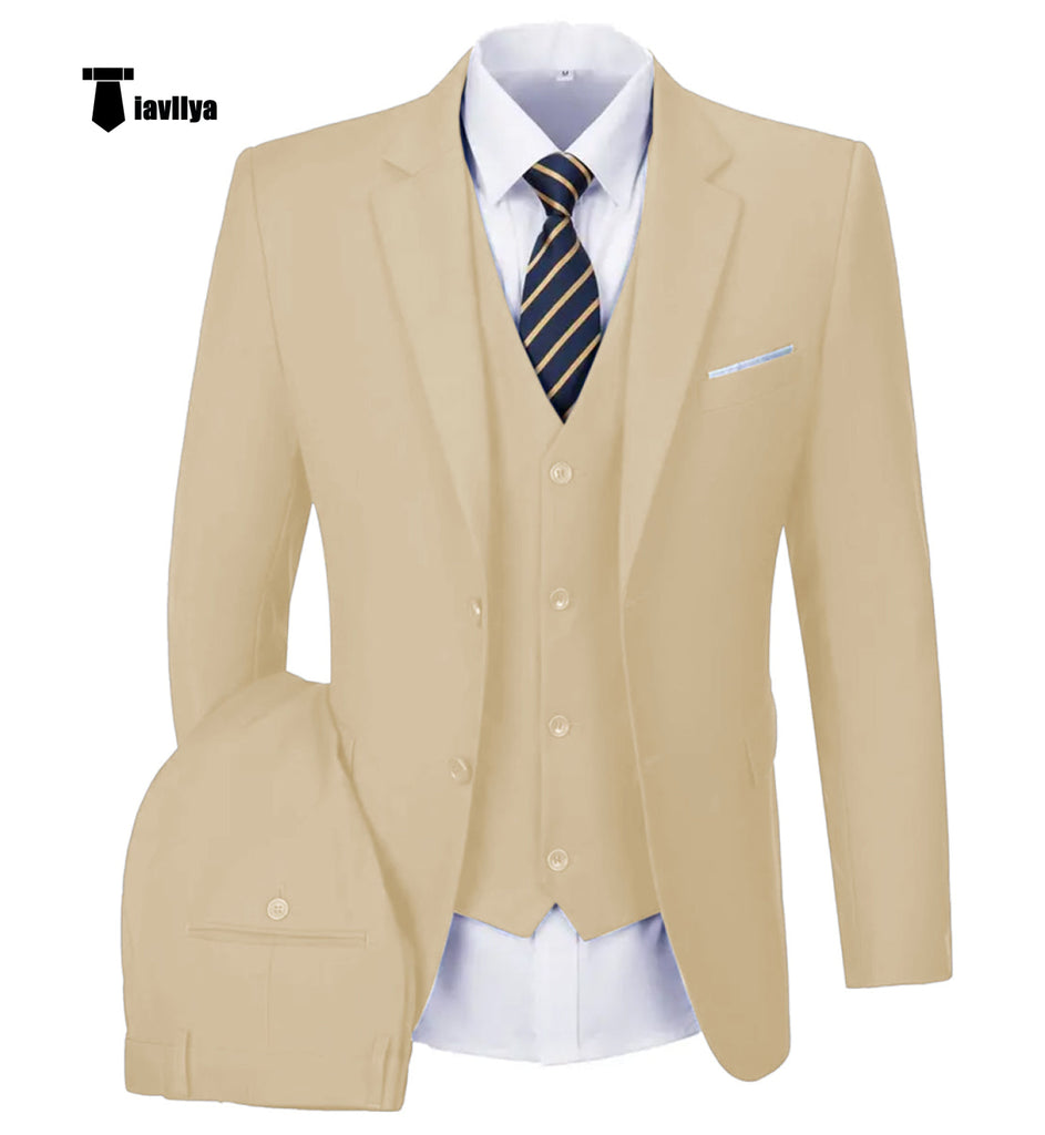 Casual Men’s 3 Pieces Mens Suit Notch Lapel Flat Tuxedos (Blazer + Vest + Pants) Xs / Champagne