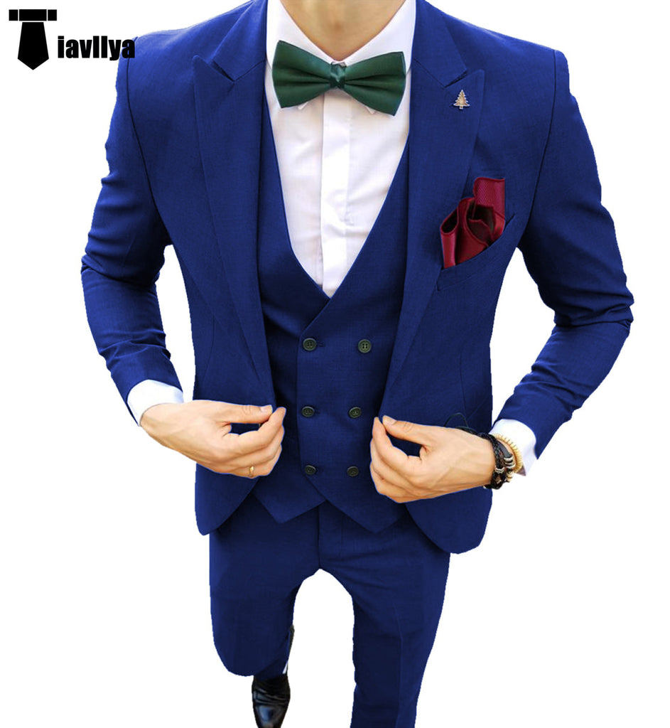 Fashion Men’s Suit 3 Piece Peak Lapel Flat Tuxedo Wedding (Blazer + Vest + Pants) Xs / Royal Blue