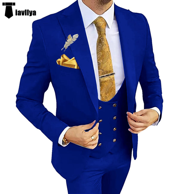 Fashion Men’s Suit 3 Piece Peak Lapel Flat Tuxedo Wedding (Blazer + Vest + Pants) Xs / Royal Blue