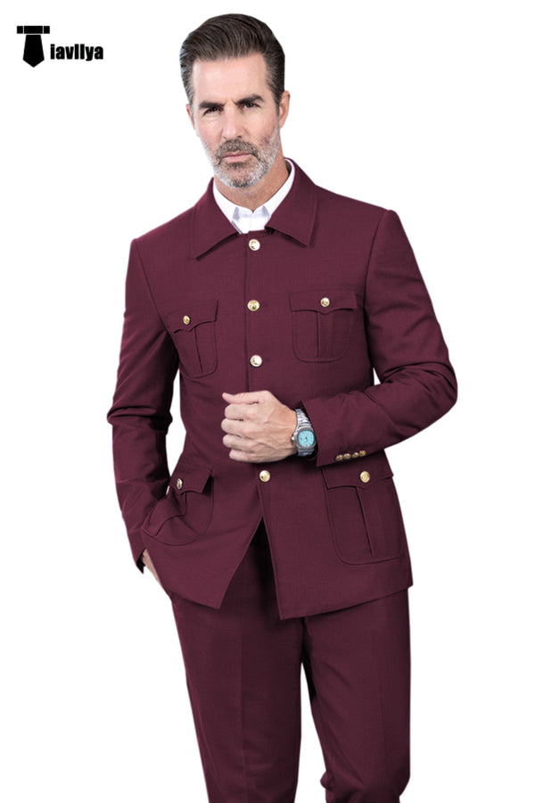 Fashion Men’s 2 Pieces Mens Suit Stand Lapel Flat Tuxedos (Blazer + Pants) Xs / Burgundy Suit
