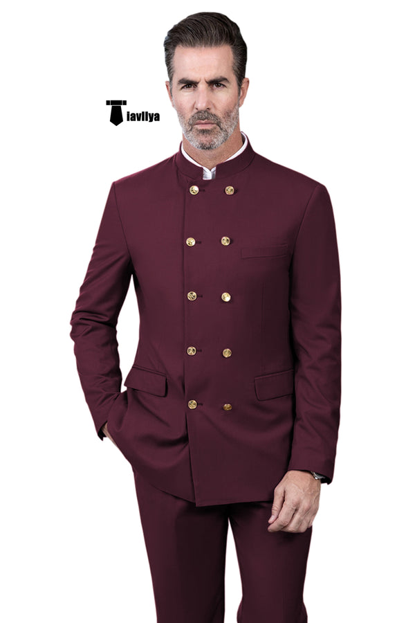 Classic 2 Piece Men’s Slim Fit Stand Collar Suit (Blazer + Pants） Xs / Burgundy Pieces Suit