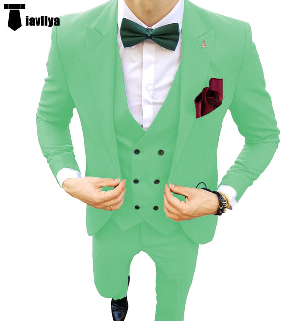 Fashion Men’s Suit 3 Piece Peak Lapel Flat Tuxedo Wedding (Blazer + Vest + Pants) Xs / Mint Green