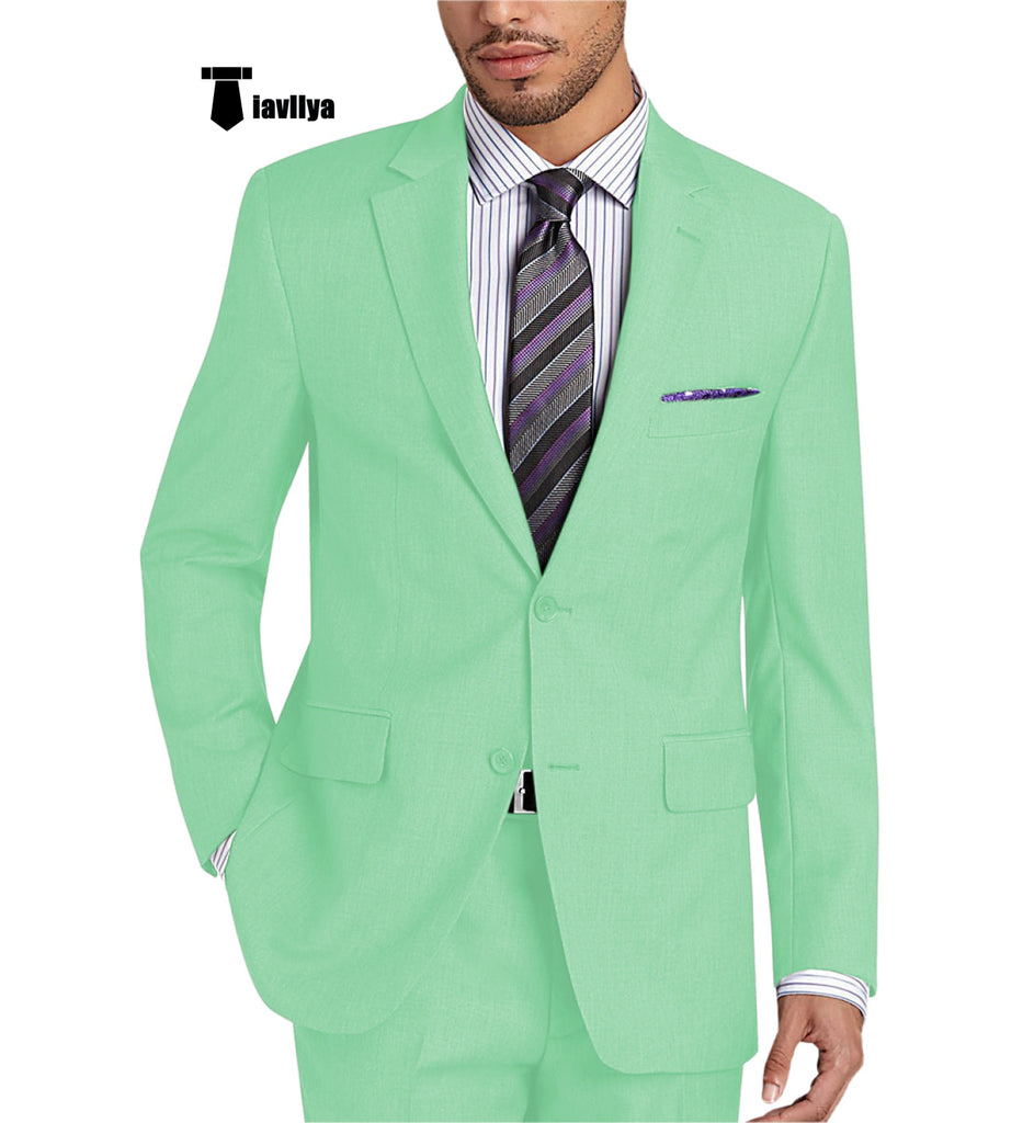 Formal 2 Pieces Mens Suit Flat Notch Lapel Tuxedos For Wedding (Blazer + Pants) Xs / Mint Green