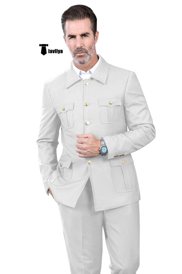 Fashion Men’s 2 Pieces Mens Suit Stand Lapel Flat Tuxedos (Blazer + Pants) Xs / White Suit