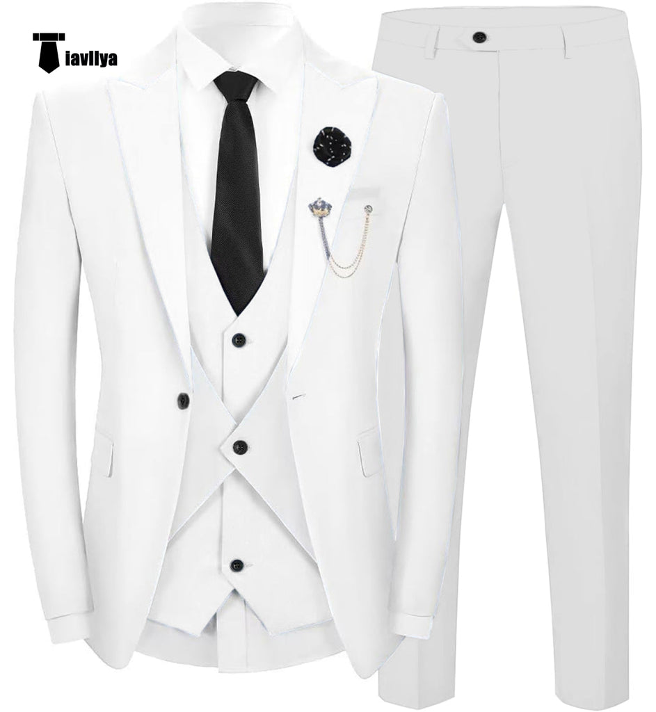 Fashion Men’s Suits Slim Fit 3 Pieces Peak Lapel Tuxedos (White Blazer + Vest + Pant) Xs / White