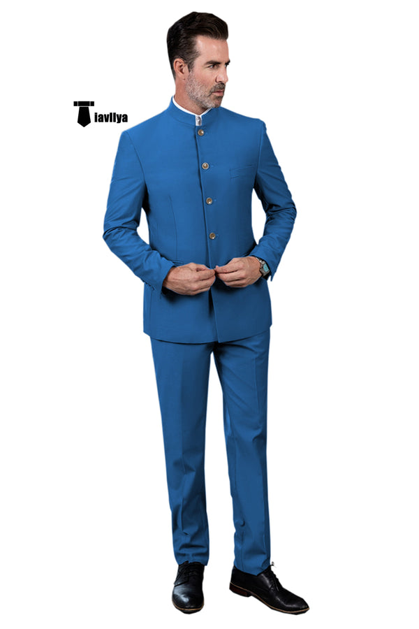 Fashion 2 Piece Men’s Slim Fit Solid Color Stand Collar Suit (Blazer + Pants） Xs / Blue Pieces Suit