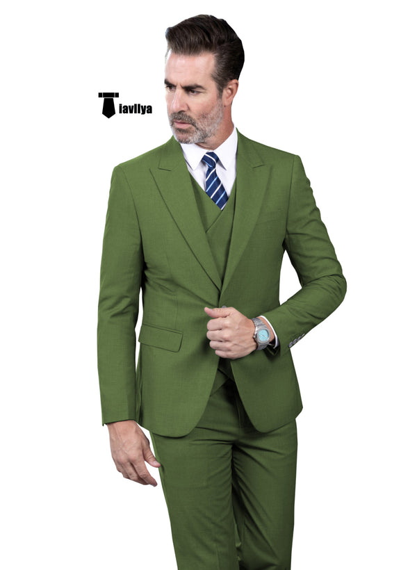 Fashion Men’s Suit 3 Piece Peak Lapel Flat Tuxedo Wedding (Blazer + Vest + Pants) Xs / Olive