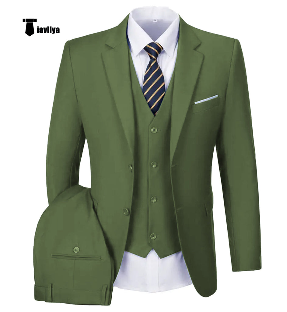 Casual Men’s 3 Pieces Mens Suit Notch Lapel Flat Tuxedos (Blazer + Vest + Pants) Xs / Olive Green