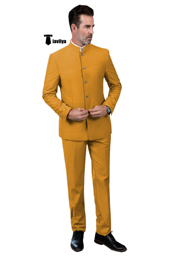 Classic 2 Piece Men’s Slim Fit Solid Color Stand Collar Wedding Suit (Blazer + Pants） Xs / Gold