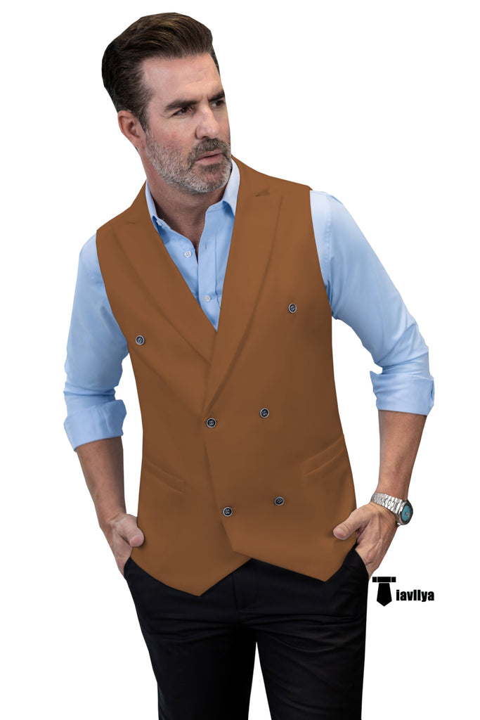 Fashion Men’s Suit Vest Regular Fit Peak Lapel Waistcoat Wedding Xs / Light Brown