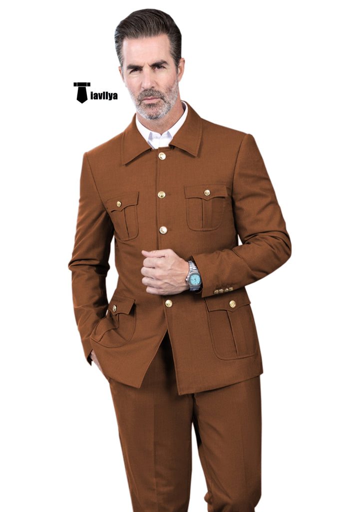 Fashion Men’s 2 Pieces Mens Suit Stand Lapel Flat Tuxedos (Blazer + Pants) Xs / Light Brown Suit