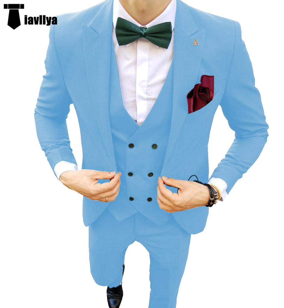 Fashion Men’s Suit 3 Piece Peak Lapel Flat Tuxedo Wedding (Blazer + Vest + Pants) Xs / Light Blue