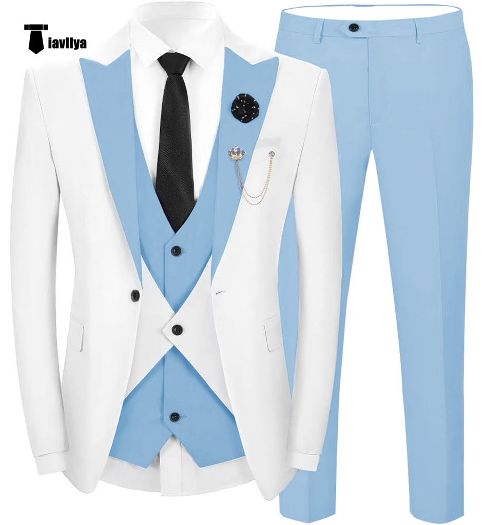 Fashion Men’s Suits Slim Fit 3 Pieces Peak Lapel Tuxedos (White Blazer + Vest + Pant) Xs / Light