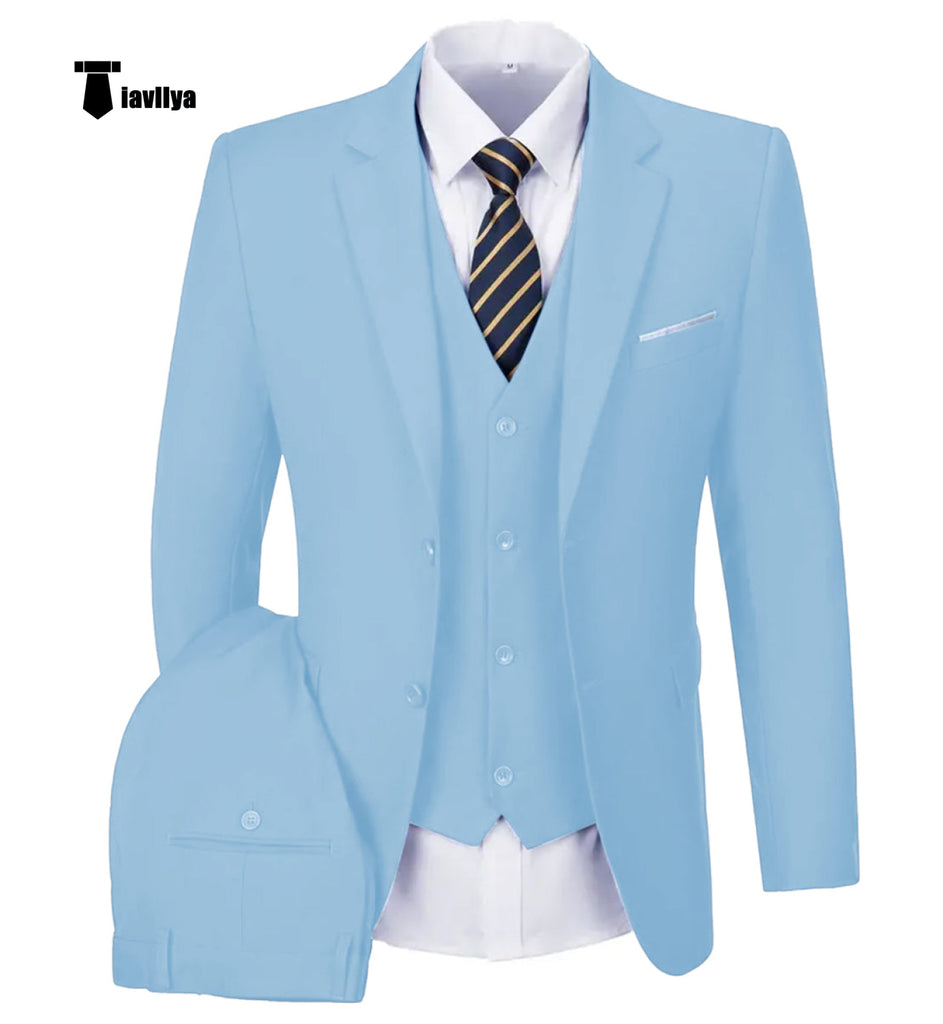 Casual Men’s 3 Pieces Mens Suit Notch Lapel Flat Tuxedos (Blazer + Vest + Pants) Xs / Light Blue