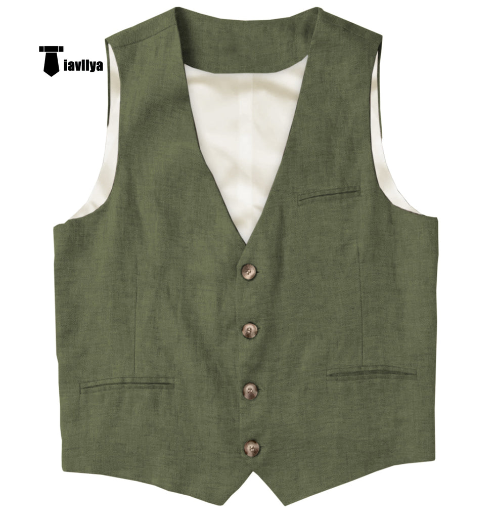 Casual Mens Waistcoat Flat Linen V Neck Waistcoat For Wedding Xs / Army Green Suit Vest