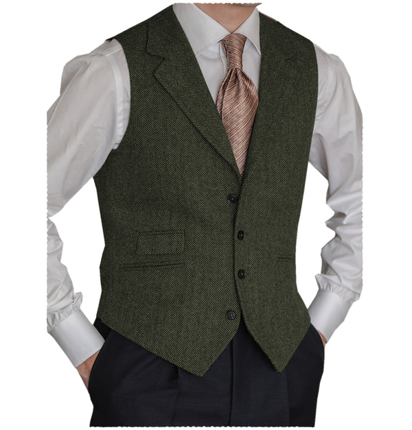 Suit Vest - Vintage Classical Men's Classic Tweed Herringbone Notch Lapel Waistcoat