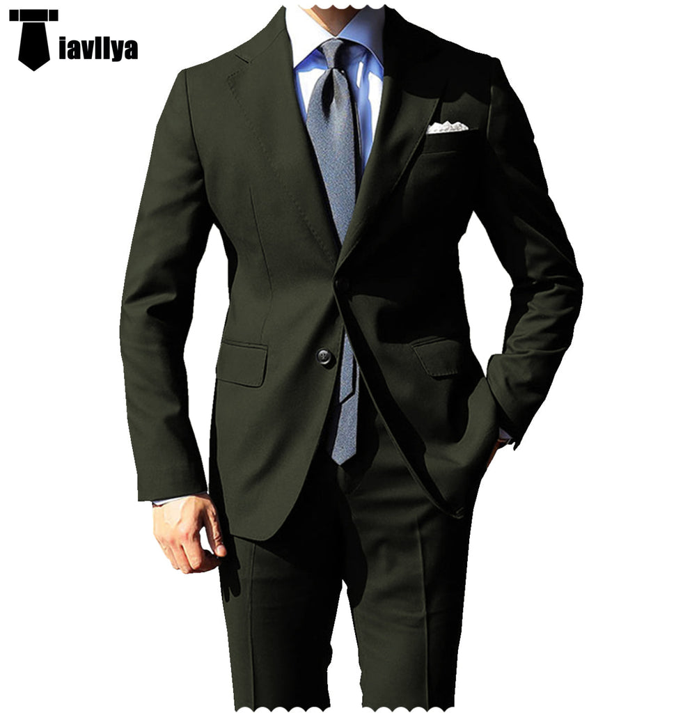 Fashion 2 Pieces Mens Suit Flat Notch Lapel Tuxedos For Wedding (Blazer + Pants) Xs / Army Green