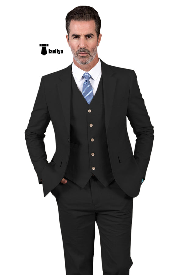 Formal Men’s 3 Pieces Mens Suit Notch Lapel Linen For Wedding (Blazer + Vest + Pants) Xs / Black