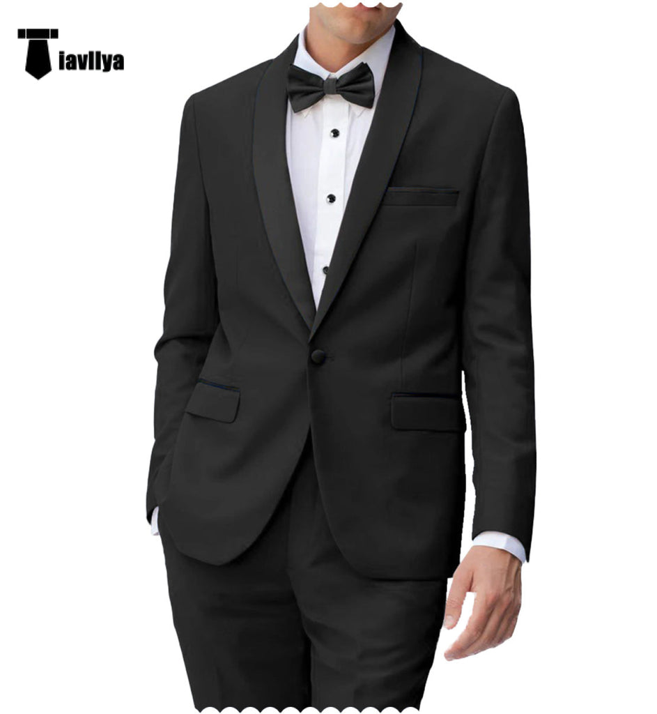 Fashion 2 Pieces Mens Suit Flat Shawl Lapel Tuxedos For Wedding (Blazer + Pants） Xs / Black