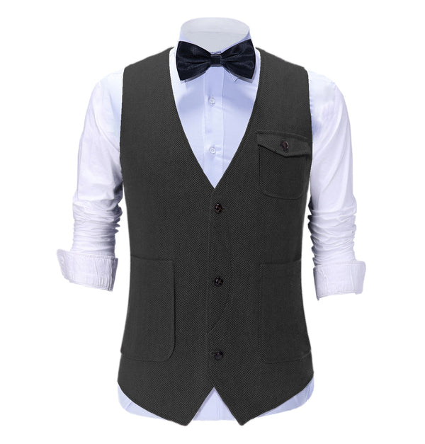Suit Vest - Vintage Classical Mens Regular Fit Tweed Herringbone V Neck Suit Vest