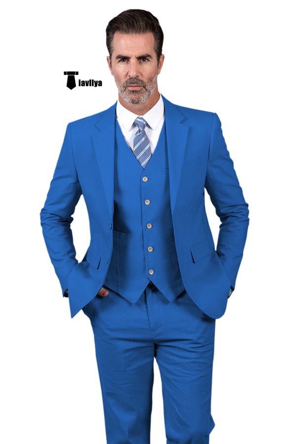 Formal Men’s 3 Pieces Mens Suit Notch Lapel Linen For Wedding (Blazer + Vest + Pants) Xs / Blue