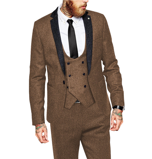 3 Pieces Suit - Vintage Classical 3 Piece Mens Suit Herringbone Notch Lapel Blazer (Blazer Vest+Pants)