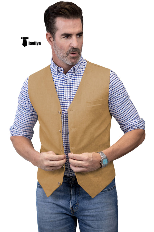 Mens Waistcoat Flat Linen V Neck Waistcoat For Wedding Xs / Brown Suit Vest