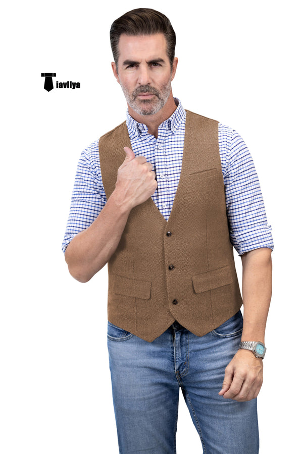 Casual Men’s Herringbone V Neck Waistcoat Xs / Brown Suit Vest