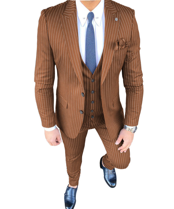 3 Pieces Suit - Fashion Men's 3 Pieces Slim Fit Striped Peak Lapel Tuxedos (Blazer+vest+Pants)