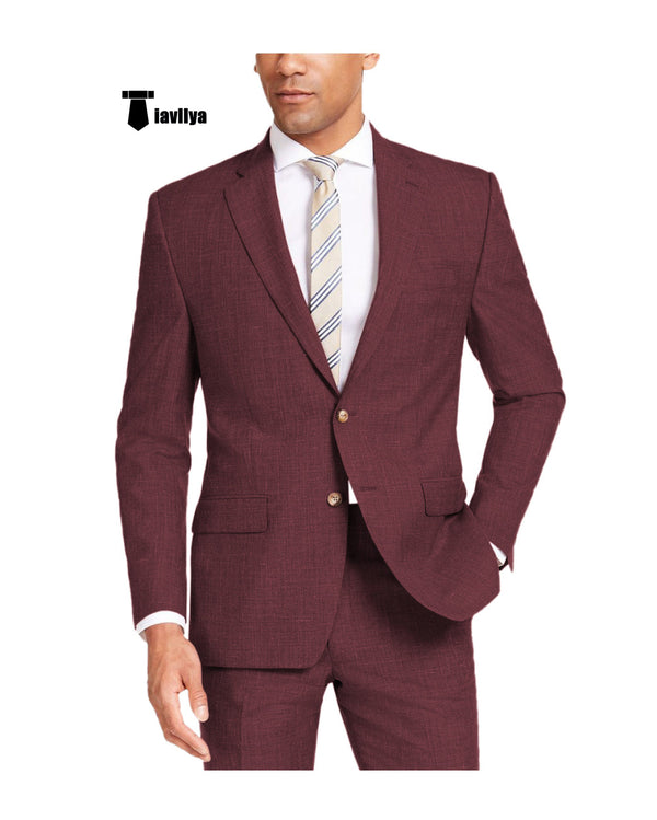 Casual Men’s 2 Pieces Suit Notch Lapel Linen For Wedding (Blazer + Pants) Xs / Burgundy Pieces Suit