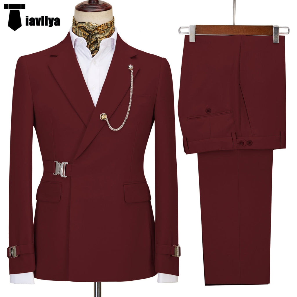 2 Piece Men’s Suit With Metal Clasp Slim Fit Stylish Tuxedo Set (Blazer + Pants) Xs / Burgundy