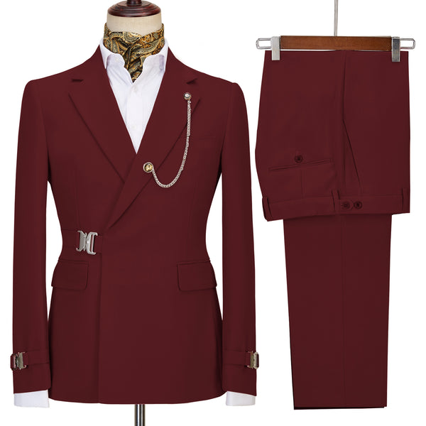 2 Piece Men’s Suit With Metal Clasp Slim Fit Stylish Tuxedo Set (Blazer + Pants) Xs / Burgundy