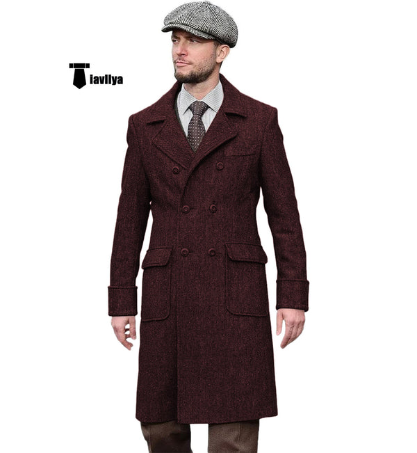 Vintage Trench Coat Men Double Breasted Notch Collar Herringbone Tweed Slim Fit Winter Wedding Xs /