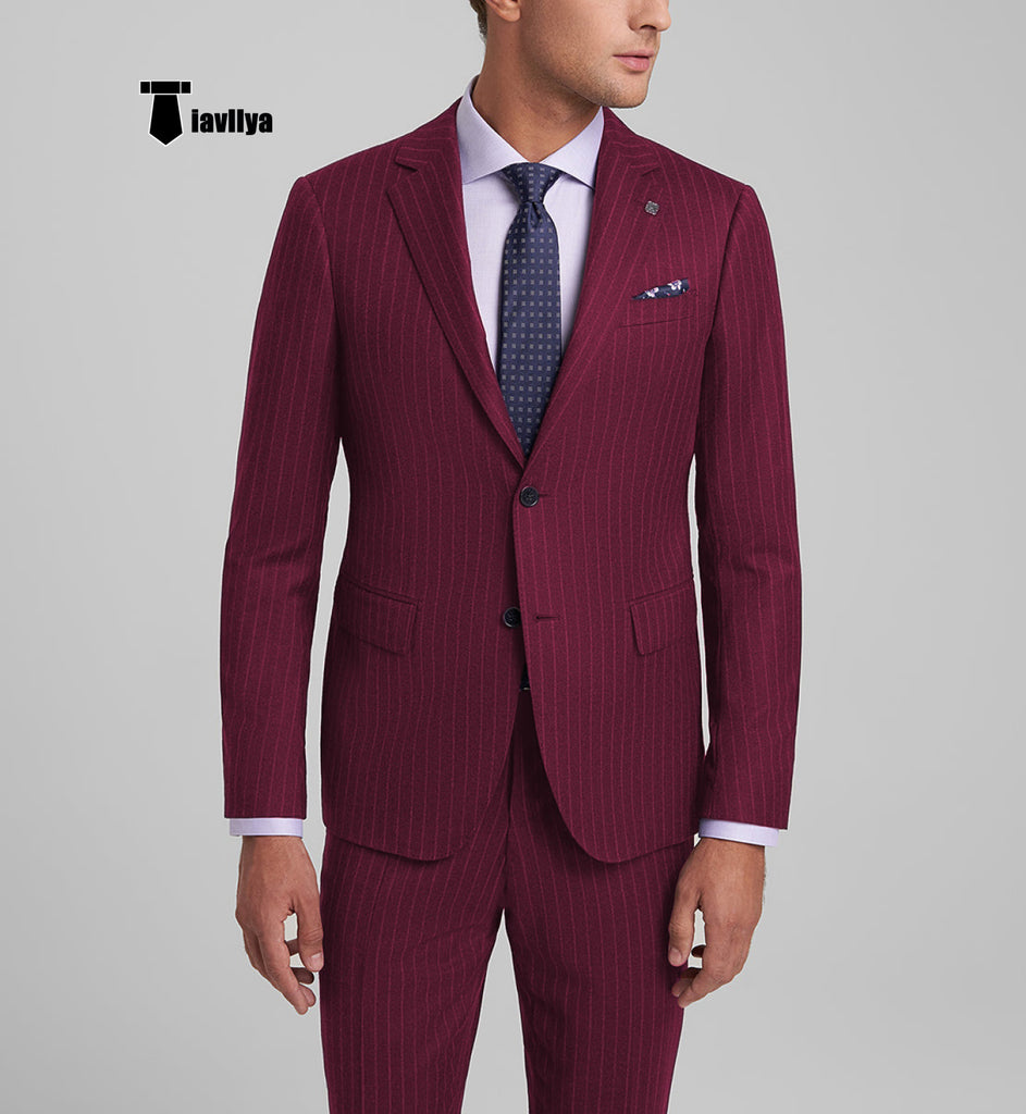 Fashion Men’s 3 Pieces Slim Fit Striped Notch Lapel Tuxedos (Blazer + Pants) Xs / Burgundy 2