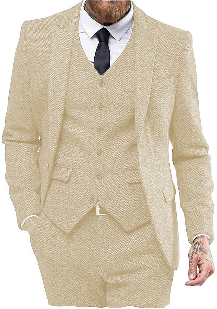 3 Pieces Suit - Vintage Classical 3 Pieces Mens Suit Herringbone Tweed Peak Lapel Tuxedos (Blazer+vest+Pants)