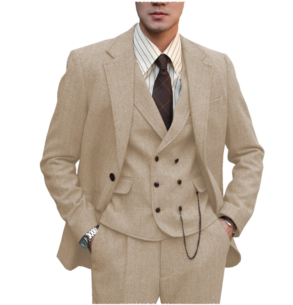 3 Pieces Suit - Fashion Men's 3 Piece Suit Herringbone Tweed Notch Lapel Tuxedos (Blazer+vest+Pants)