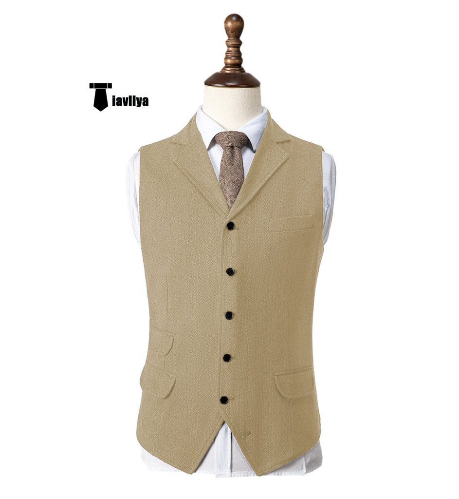 Vintage Classical Men’s Classic Tweed Herringbone Notch Lapel Waistcoat Xs / Champagne Suit Vest