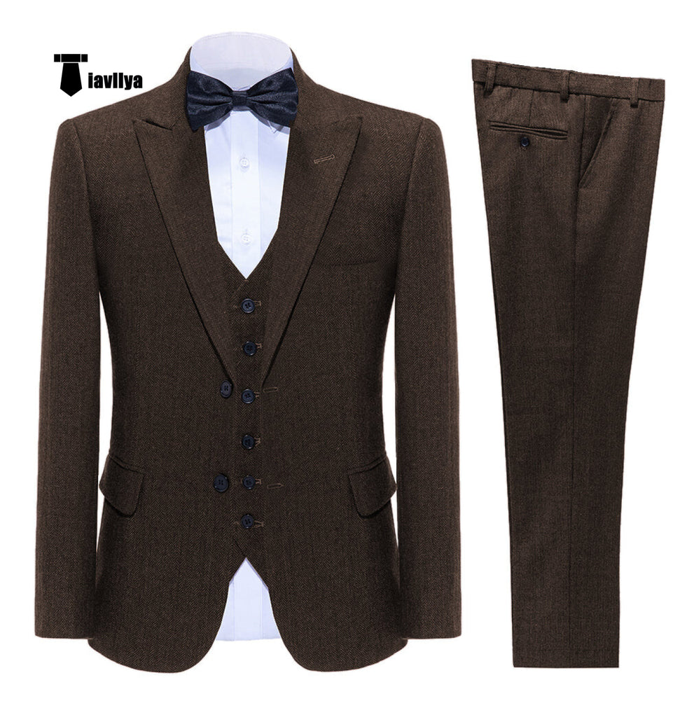 Vintage Classical Men’s 3 Pieces Suit Tweed Notch Lapel Tuxedos (Blazer + Vest + Pants) Xs /